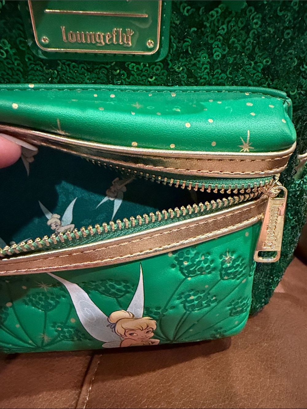 Loungefly Green Sequin Tinker Bell Mini Backpack and Peter Pan Wallet - Picture 11 of 17